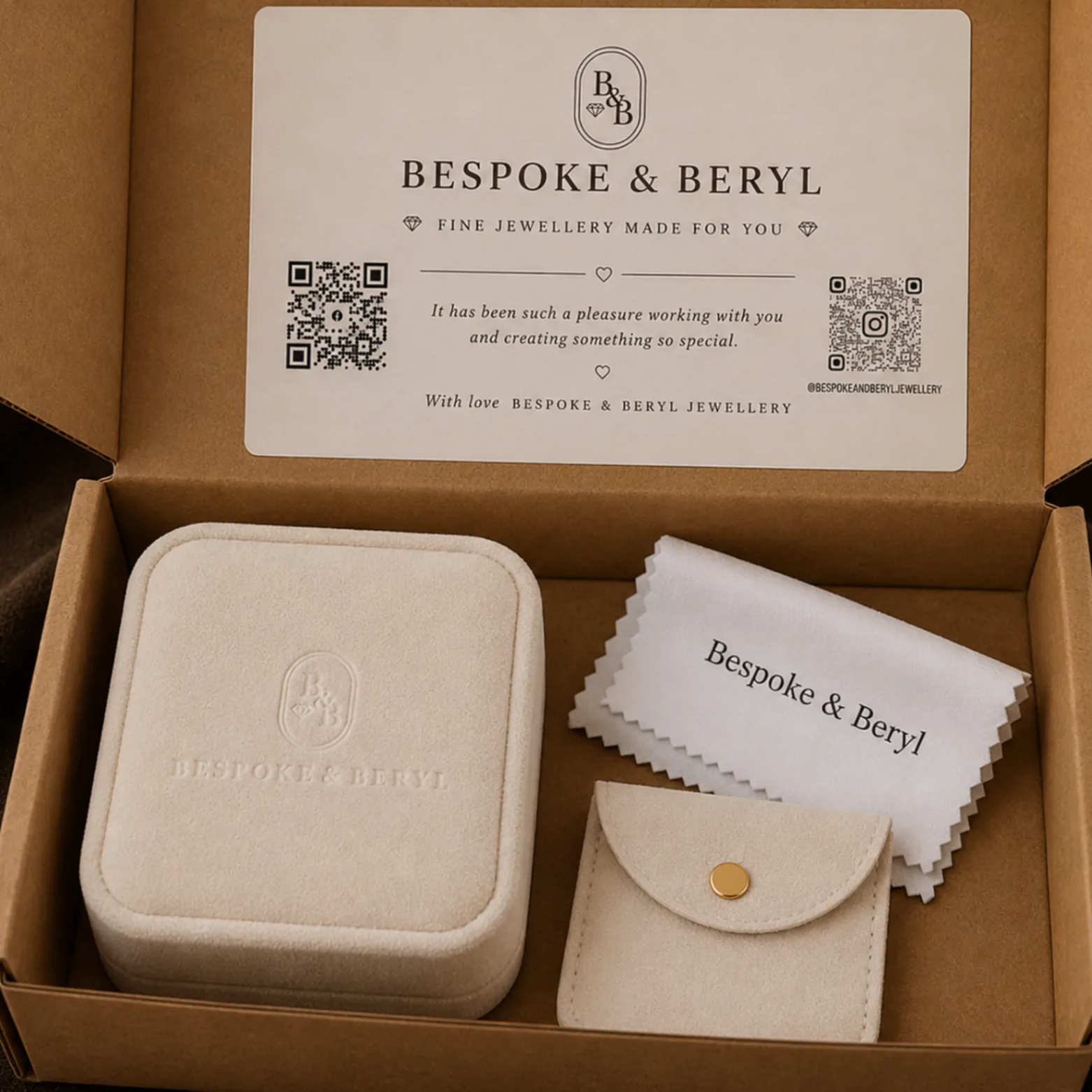 Bespoke & Beryl packaging with ring box and thank-you card ready for delivery