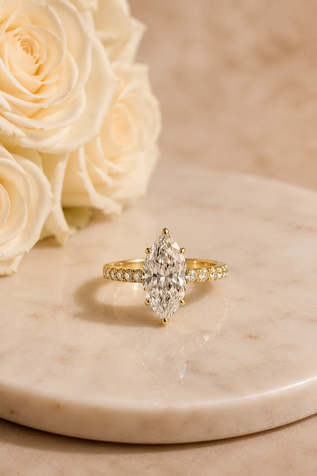 Marquise diamond engagement ring with cream roses