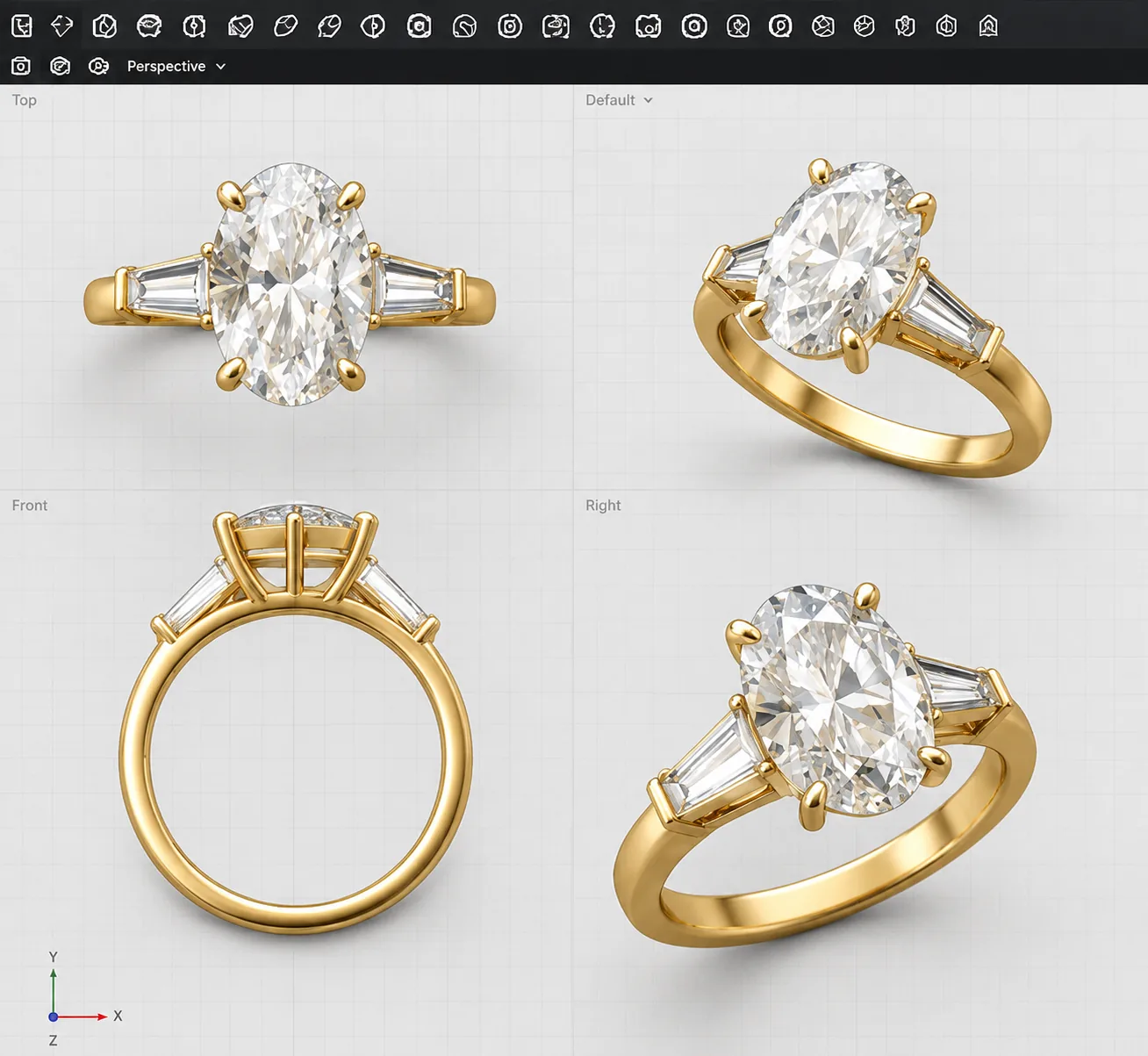 Detailed CAD render of an oval solitaire engagement ring