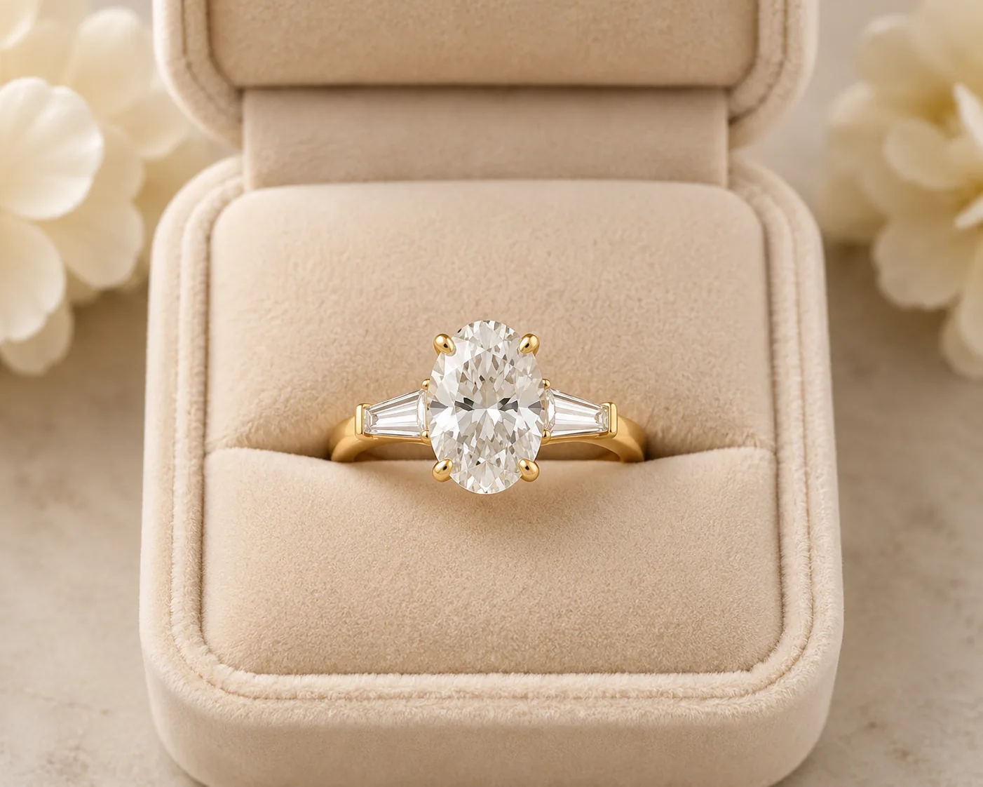 Finished bespoke oval engagement ring in a beige ring box