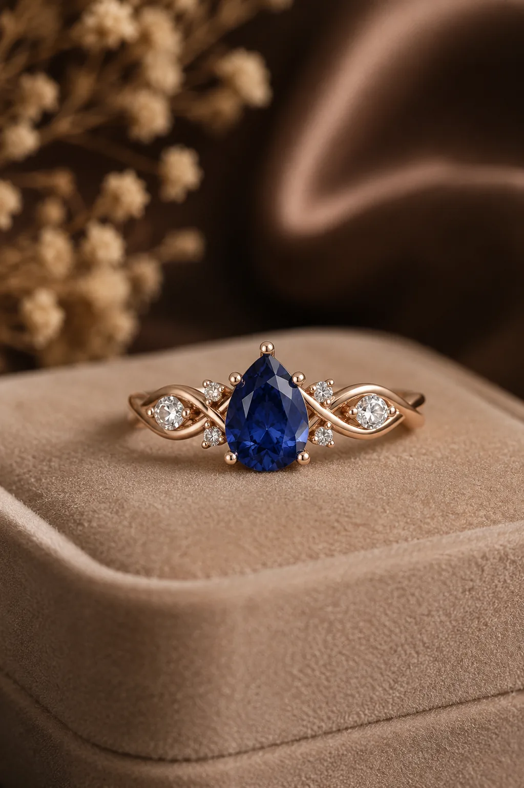 Pear-cut sapphire engagement ring on a taupe velvet ring box